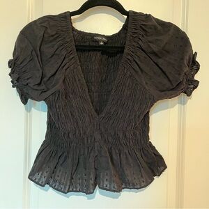 Black Short Sleeved Fitted Deep V Neck Top Size Small